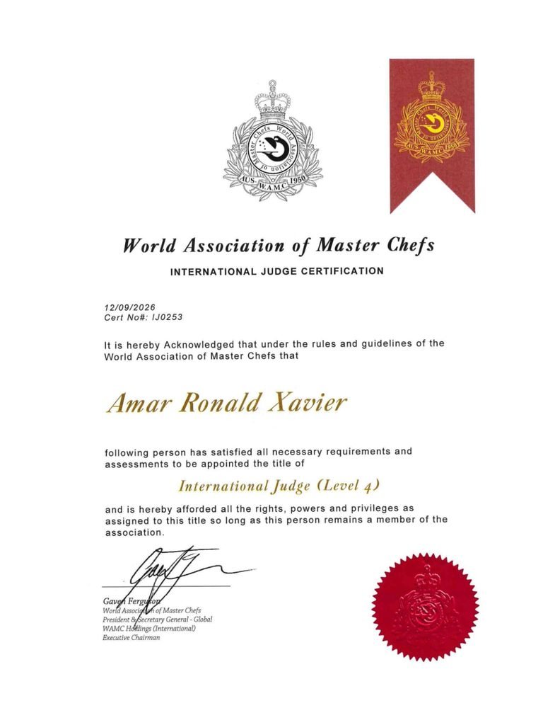 Chef Amar Xavier Appointed as International Judge by World Association of Master Chefs
